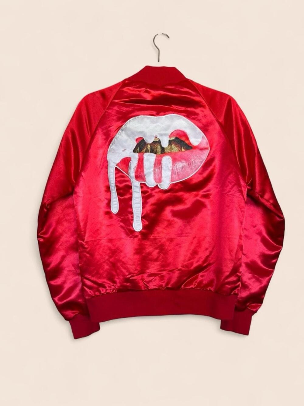 Kylie red satin bomber jacket with huge dripping lips back patch S